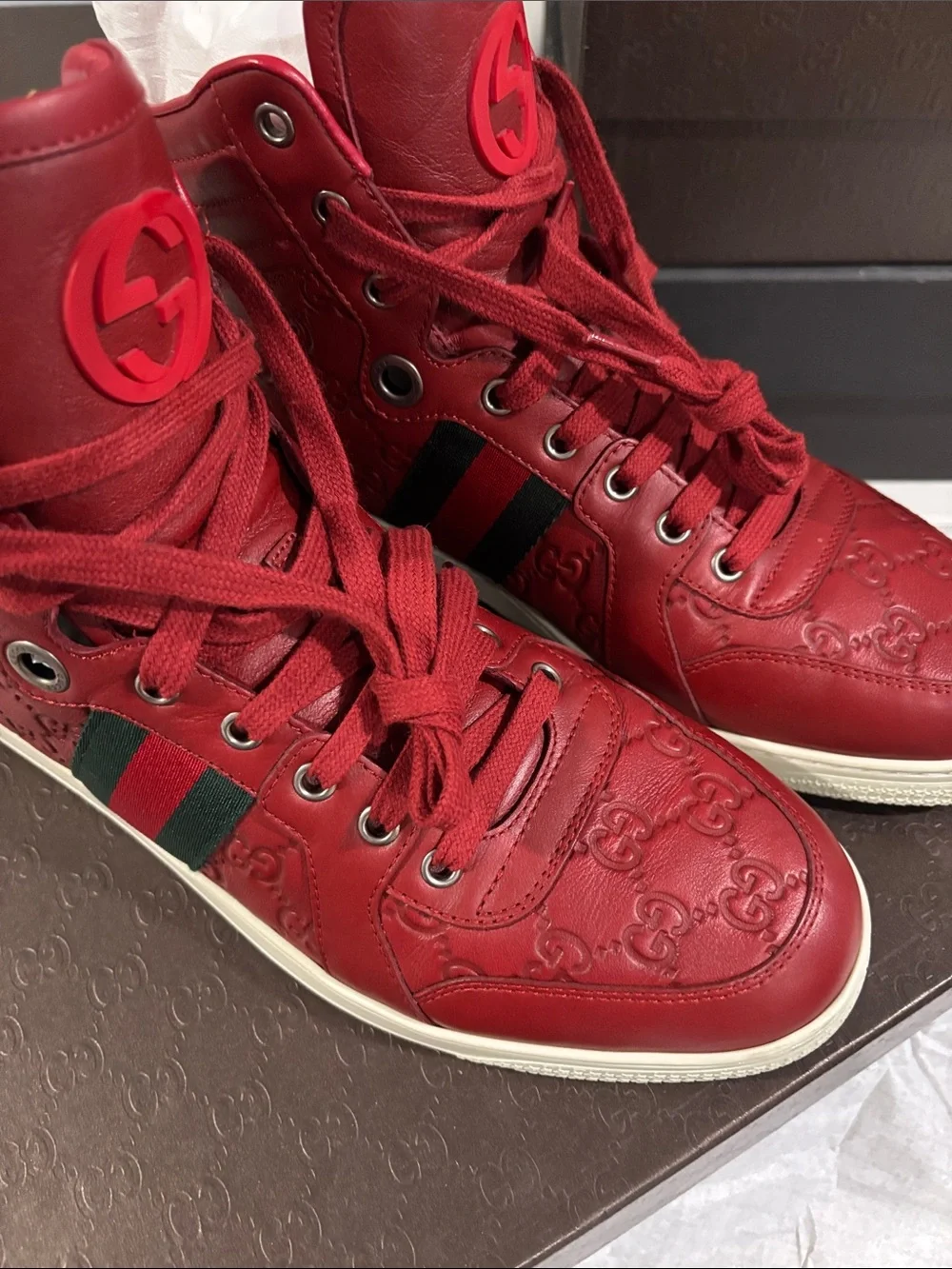 Gucci Red High-Top Leather Men’s Sneakers with Web Stripe